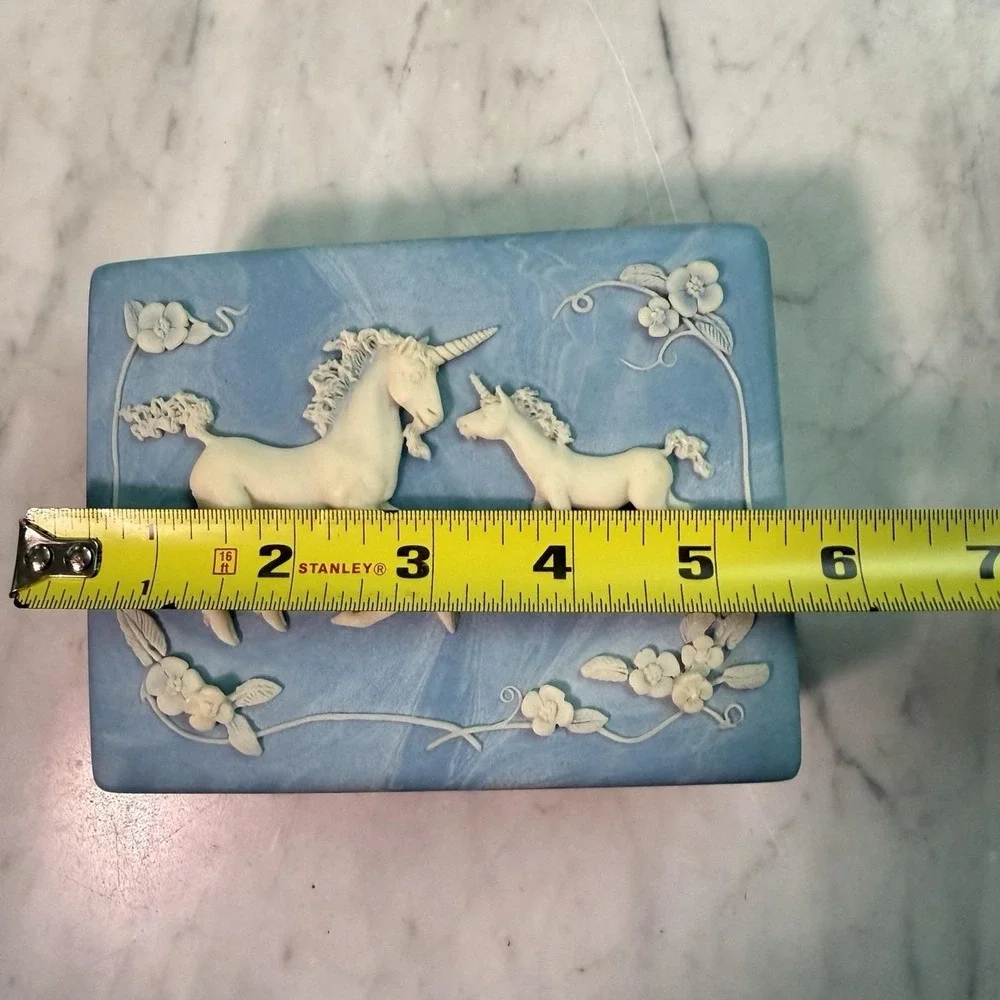 VTG 80s Genuine Incolay Stone Unicorn Mother Baby Trinket Box Powder Blue White